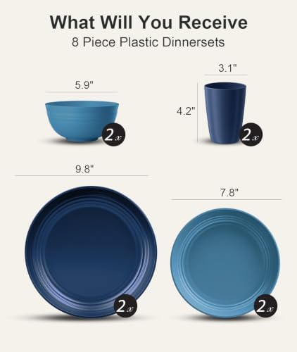 Quatish 8 Pcs Plates and Bowls Sets, Plastic Dinnerware Sets for 2, Blue