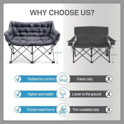 EVER ADVANCED Double Camping Chair for Adults, Padded Folding Camping Love Seat Bench with Side Pocket Portable Camping Couch, Two Person Heavy Duty Folding Outdoor Chair with Cushion,Support 600lbs