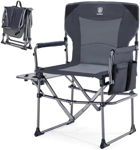 EVER ADVANCED Camping Directors' Chair with Side Table, Portable Folding Chair with Compact Size, Heavy Duty Lawn with Pocket for Camping, Lawn, Sports and Fishing, 400lbs, Grey