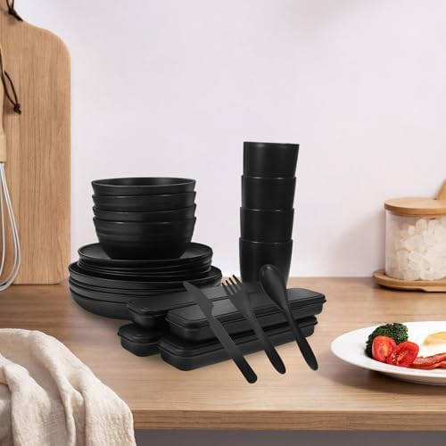 Toyvian 4 Sets Camping Tableware Set with Bowl, Plate, Cup, Spoon, Fork, and Cutter in Black, Made of Sturdy Pp Material, Easy to Clean and Burr-free Utensils for Outdoor Hiking and Picnic