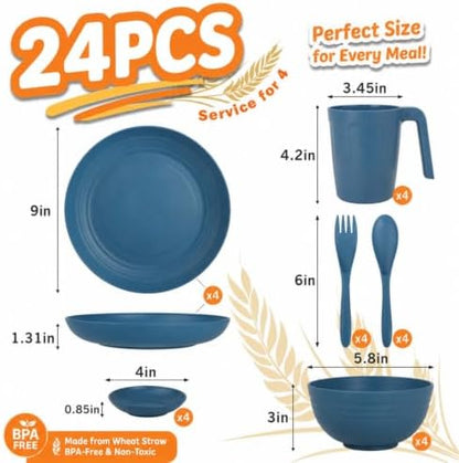 Wrova 24PCS Wheat Straw Dinnerware Sets, Unbreakable Blue Dishes Set for 4
