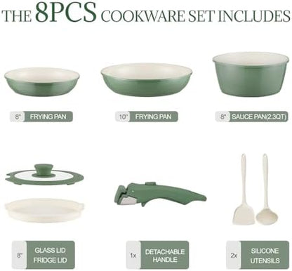 Ceramic Cookware Set Non Stick 8Pcs Pots and Pans Set Detachable Handle Induction Kitchen Cooking Set with Frying Pans Oven Dishwasher Safe, PFAS/PFOA Free, Forest Green