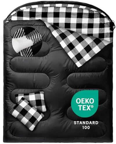 MEREZA Flannel Double Sleeping Bag for Adults Cold Weather, XL Queen Size Sleeping Bag for All Season 2 Person Big and Tall Sleeping Bags for Camping 0 Degree with Pillow