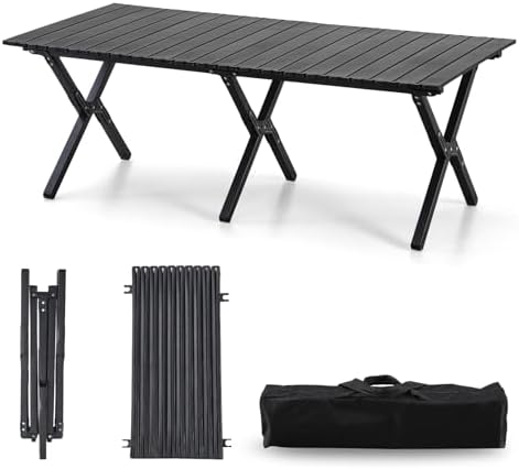 4Ft Aluminum Folding Camping Table, Portable Picnic Table, Outdoor Lightweight Collapsible Camp Table, Roll-up Camping Table for Beach,Party, Patio, BBQ, Travel, Backyard (Black Upgraded Version)