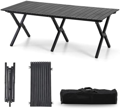 4Ft Aluminum Folding Camping Table, Portable Picnic Table, Outdoor Lightweight Collapsible Camp Table, Roll-up Camping Table for Beach,Party, Patio, BBQ, Travel, Backyard (Black Upgraded Version)