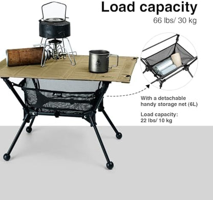 ONETIGRIS Dipper Camping Table, Lightweight Portable Folding Table with Mesh Storage Net, High/Low Options, Ideal for Camping, Hiking, Tailgating, Beach, Picnic, Travel, Backyard