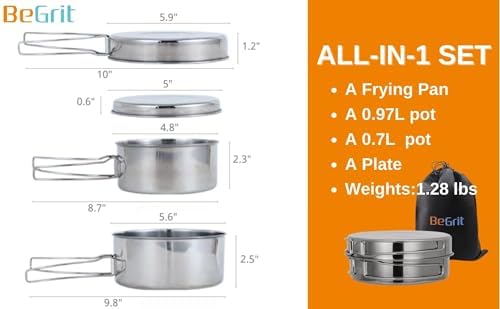 BeGrit Stainless Steel Camping Cookware Pot and Pan Set for Backpacking