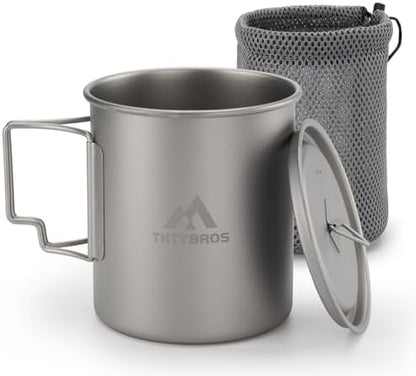 THTYBROS Titanium Cup Ultralight Camping Mug with Foldable Handle & Lid, Pure Titanium Cookware for Outdoor Hiking, Backpacking, Picnic, and Campfire