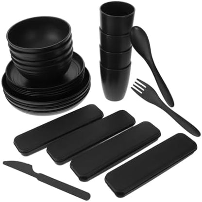 20pcs Black Dinnerware Set for 4 People with Reusable Forks, Spoons, Knives, Bowls, Plates, and Cups – Portable Picnic and Travel Utensils for Outdoor Dining