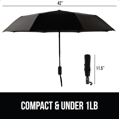GORILLA GRIP Windproof Compact Stick Umbrella for Rain, Travel One-Click Automatic Open and Close, Strong, Lightweight, Stocking Stuffer, White Elephant Holiday Gift, Portable, Easy Collapsible, Black