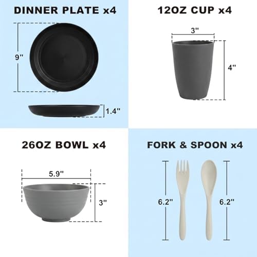 20 PCS Wheat Straw Plates and Bowls Sets,Kids Dishes Dinnerware Sets for 4,Unbreakable Kitchen Plates and Bowls Set for Travel Dishwasher & Microwave Safe Lightweight Dishes Set - BlackGrey
