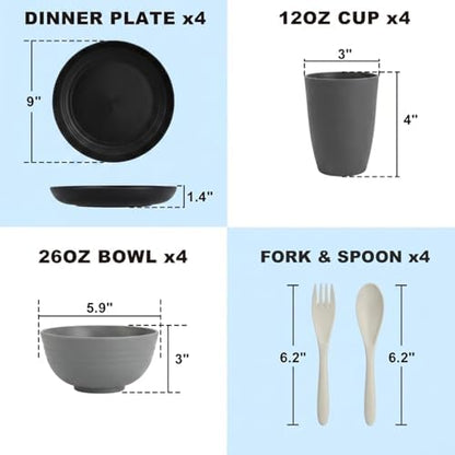 20 PCS Wheat Straw Plates and Bowls Sets,Kids Dishes Dinnerware Sets for 4,Unbreakable Kitchen Plates and Bowls Set for Travel Dishwasher & Microwave Safe Lightweight Dishes Set - BlackGrey