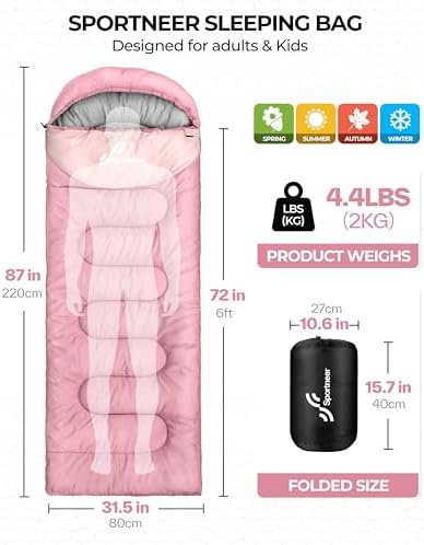 Sportneer Sleeping Bag, 3 Seasons Warm Cold Weather Sleeping Bags for Adults Kids Boys Girls with Compression Sack- Lightweight Camping Essentials Gear Accessories, Backpacking, Hiking
