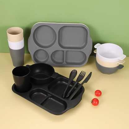 24 Pcs Wheat Straw Dinnerware Cutlery Sets,Unbreakable Divided Plates Bowls Cups Spoon Knife Fork for 4 People,Microwave Dishwasher Safe Tableware Cutlery for Party and Daily Use,Mix Color 1