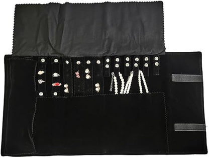 Velvet Travel Jewelry Case Roll Bag Organizer for Necklace Bracelet Earrings Ring (Black) (Black set)