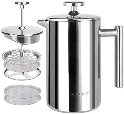 Secura French Press Coffee Maker, 304 Grade Stainless Steel Insulated Coffee Press with 2 Extra Screens, 12oz (0.35 Litre), Silver