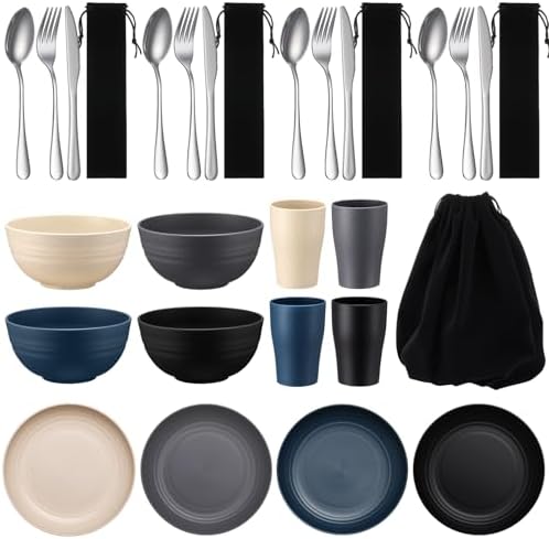 Teenyyou 4 Sets Camping Mess Kits for 4 Person Camping Silverware Set Include Cup, Bowl, Plate, Knife, Spoon, Fork Cutlery Set Unbreakable Wheat Straw Dinnerware Utensils for Travel