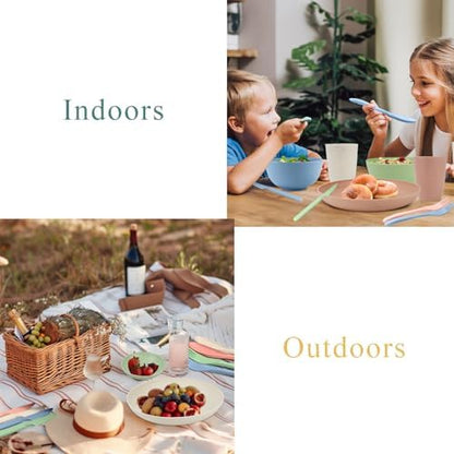 Wrova wheat straw bowls,plates,cups and cutlery sets 28 pcs - Unbreakable Dishwasher Safe dinnerware sets service for 4 - Ideal dish sets for kitchen, camping, indoors and out doors.Nordic