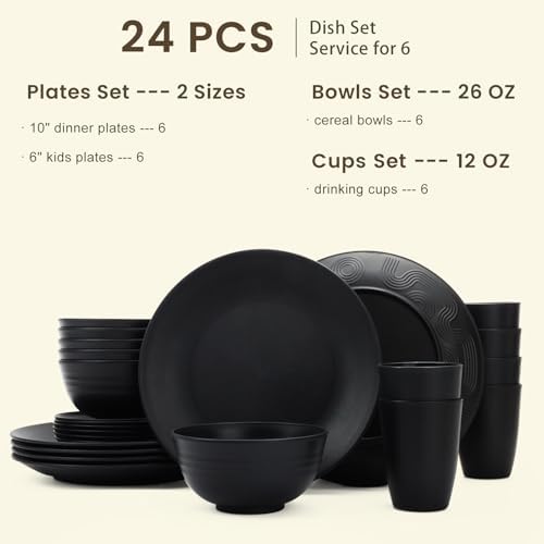 Homienly 24-Piece Wheat Straw Dinnerware Sets,Service for 6 - Cups, Plates and Bowls Sets,Reusable Dishwasher and Microwave Safe Melamine Dinnerware Set for Home,Camping,RVs - Black