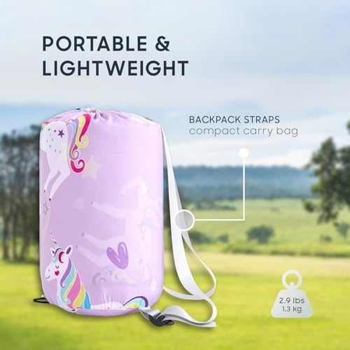 Wake In Cloud - Kids Sleeping Bag for Girls Toddlers, Camping in Warm Cold Weather, Backpacking Lightweight Compact Outdoor Liner for 3 Seasons, Unicorns Rainbow Clouds