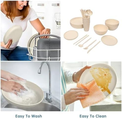4 People Dinnerware Sets, Shatterproof Plates Bowls Cups Set, Lightweight Storage Box with Dishwasher & Microwave Safe, Ideal for Home, Camping, Picnic & Party