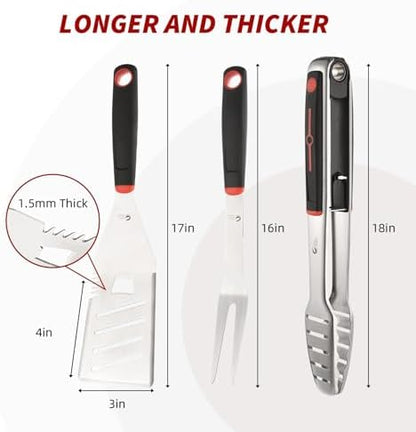 BBQ Tools Set, 4 PCS Heavy Duty Stainless Steel Spatula, Fork, Tongs with Portable Bag, Essential Accessories for Barbecue Outdoor Grill, Grilling Gifts for Men Dad Camp Chef