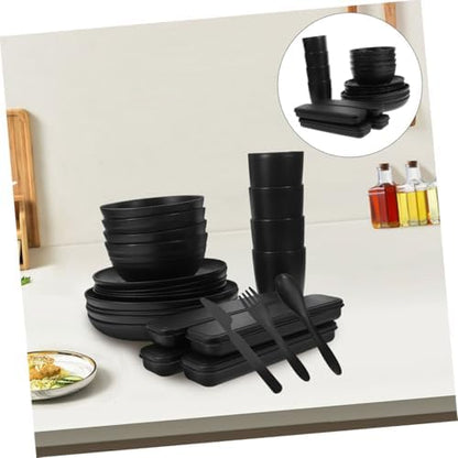 20pcs Black Dinnerware Set for 4 People with Reusable Forks, Spoons, Knives, Bowls, Plates, and Cups – Portable Picnic and Travel Utensils for Outdoor Dining