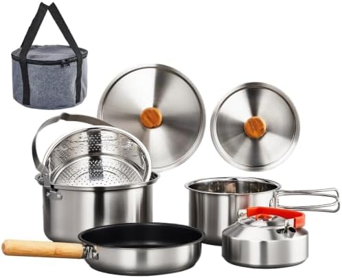Bonnlo Camping Cookware Set, 6 Pcs 304 Stainless Steel Camp Pots and Pans with Kettle, Steamer Basket & Lids, Travel Tote Bag Included for Outdoor Cooking, Works on Gas, Electric & Induction Cooktops