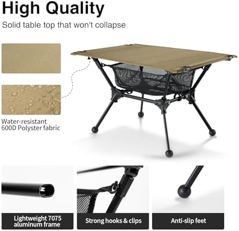 ONETIGRIS Dipper Camping Table, Lightweight Portable Folding Table with Mesh Storage Net, High/Low Options, Ideal for Camping, Hiking, Tailgating, Beach, Picnic, Travel, Backyard