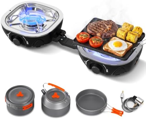 20000 BTU Propane Camping Stove with Cookware Set & Carry Bag Black