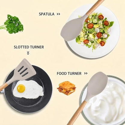 MIBOTE Silicone Cooking Kitchen Utensils Set, Wooden Handle, Khaki