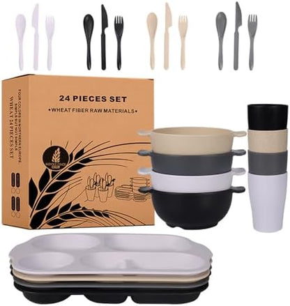 24 Pcs Wheat Straw Dinnerware Cutlery Sets,Unbreakable Divided Plates Bowls Cups Spoon Knife Fork for 4 People,Microwave Dishwasher Safe Tableware Cutlery for Party and Daily Use,Mix Color 1