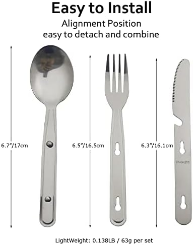 4-in-1 Camping Utensils Hiking Cutlery Set for 4, Portable Stainless Steel Flatware Spoon Fork, Knife & Bottle Opener Combo pack for Picnic Travel, Barbecue, Backpack Outdoor Gear with Carrying Bag