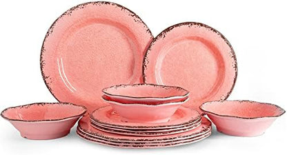 LEHAHA Pink Vintage Melamine Dinnerware Sets, Farmhouse RV Dishes Set for 4