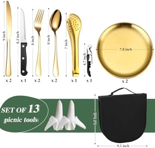 Camping Silverware Kit Cutlery Organizer Utensil Picnic Set Stainless Steel Plate Spoon Clip and Serrated Knife Wine Opener Fork Napkin Hiking - Camp Kitchen BBQ’s