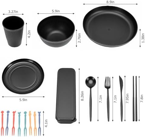 POCREATION Dinnerware Set Service for 4 Microwave Safe Dishwasher Safe Plates Bowls Set Reusable PP Cutlery for Travel Camping Picnics