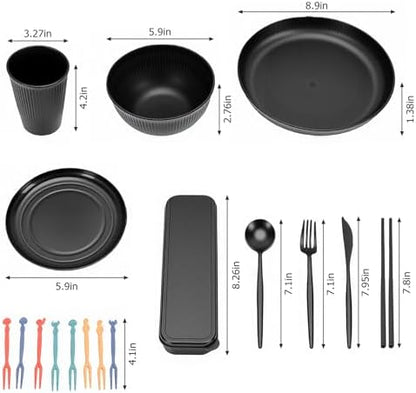 POCREATION Dinnerware Set Service for 4 Microwave Safe Dishwasher Safe Plates Bowls Set Reusable PP Cutlery for Travel Camping Picnics