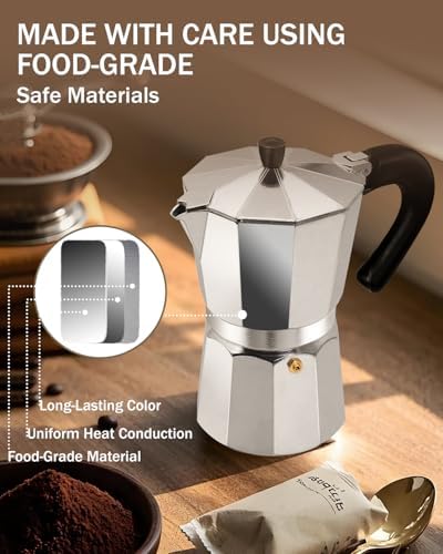 Coffee Maker Stovetop Espresso Maker 9 Cup Aluminum Moka Pot Percolator 15oz 450ml Easy Brewing for Electric Ceramic Stoves Home Camping Italian Cuban Café Classic Silver