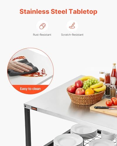 VEVOR Outdoor Grill Cart, 31.5 x 24.0 inch Stainless Steel Tabletop Size Grilling Table, Outdoor Cooking Table with 4 Wheels & Side Handle, Two Mesh Shelves, BBQ Prep Tables for Patio, Garden