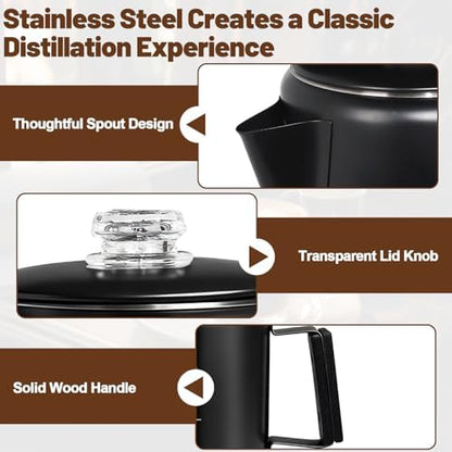 6 Cup Percolator 304 Stainless Steel Coffee Pot Coffee Maker Coffee Machine with Solid Wood Handle Transparent Knob Stovetop Greca Mocha for Induction Home and Camping 1000ml 33.8oz Black