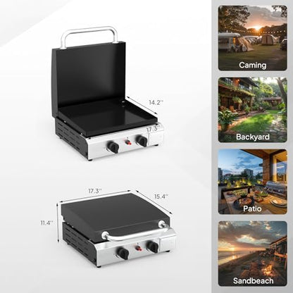 Bonnlo 2 Burner Portable Propane Griddle with Lid, 20000BTU Tabletop Flat Gas Grill with Ignition and Oil Collector, Camping Griddle for Outdoor Cooking Patio Backyard Sandbeach BBQ Party
