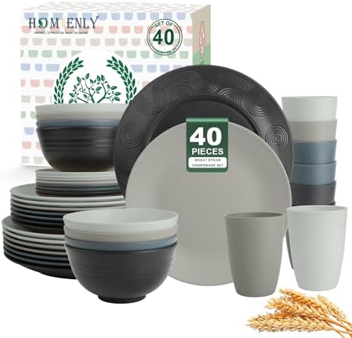 Homienly Premium 40 PCS Wheat Straw Dinnerware Set - Dinner Plates, Cereal Bowls, Unbreakable Cups Set, Microwave and Dishwasher Safe Dishes Set, Reusable Lightweight Dish Sets for Kitchen(Black Grey)
