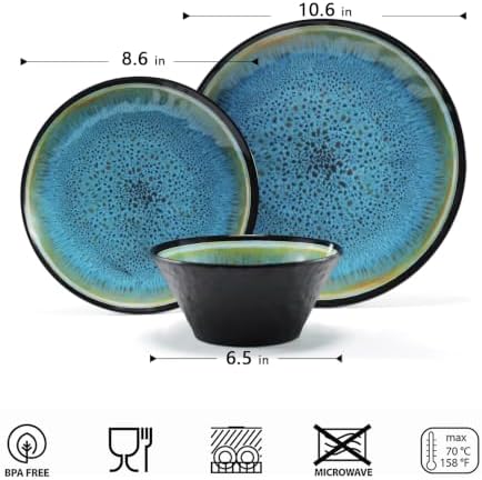 Melamine Dinnerware Sets, 12 Pcs Plates and Bowls for 4, Blue and Black
