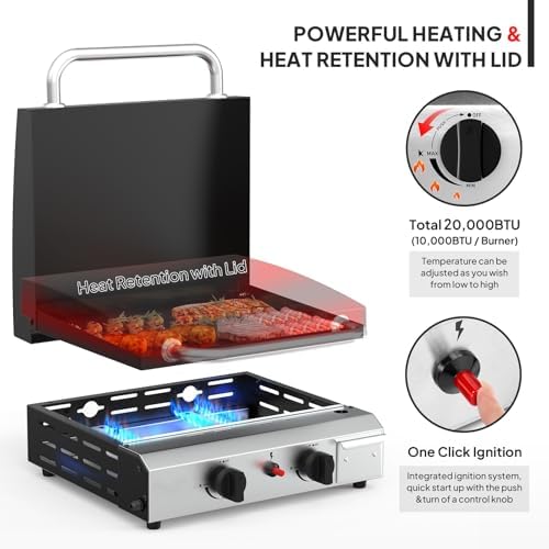Bonnlo 20000BTU Propane Griddle with Lid and Ignition, Standing Flat Top Gas Grill with Portable Rolling Wheels and Storage Shelf, 2 Burner Camping Cooker for Patio Backyard Outdoor Cooking BBQ