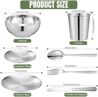 Jinei 28 Pcs 304 Stainless Steel Dinnerware Set 10 Inch 7 Inch Stainless Steel Plates Bowls Cups Forks Spoons and Knives Sets Reusable Metal Camping Dinnerware for Home Outdoor Picnic Kitchen
