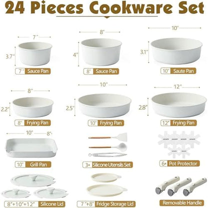 SENSARTE 24 Piece Nonstick Detachable Handle Pots and Pans Set White