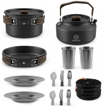 Camping Cookware Set 17 pcs Camping Cooking 0.30G Kettle 0.45G Pot 7 in Pan and 2pcs Stainless Steel Cups Plates Forks Knives Spoons Bag for 1-2 People Backpacking Hiking Picnic