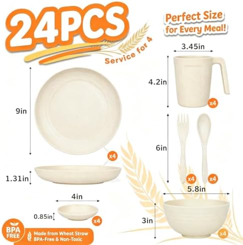 Wrova Plates and Bowls Sets for 4,Unbreakable Dinnerware Set 24 Piece,Beige