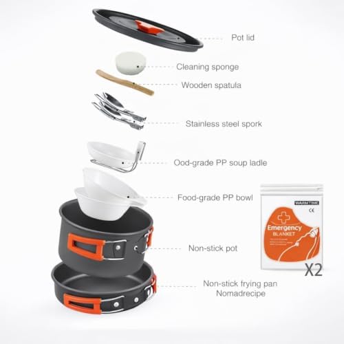 12-Piece Lightweight Camping Cookware Set – Nonstick Pot, Pan & Utensils for Backpacking & Hiking – Portable Mess Kit for 1–2 People, Bonus 2 Emergency Blankets