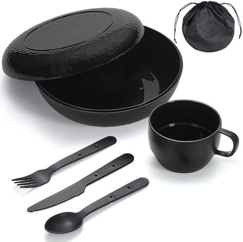 Berglander Camping Mess Kit with Bowl, Plate, Cup, Spoon, Fork, Knife and Carry Bag, Plastic Camping Accessories Essentials Gear for Travel, Camping, Picnic, Outdoor, Easy to Carry & Store